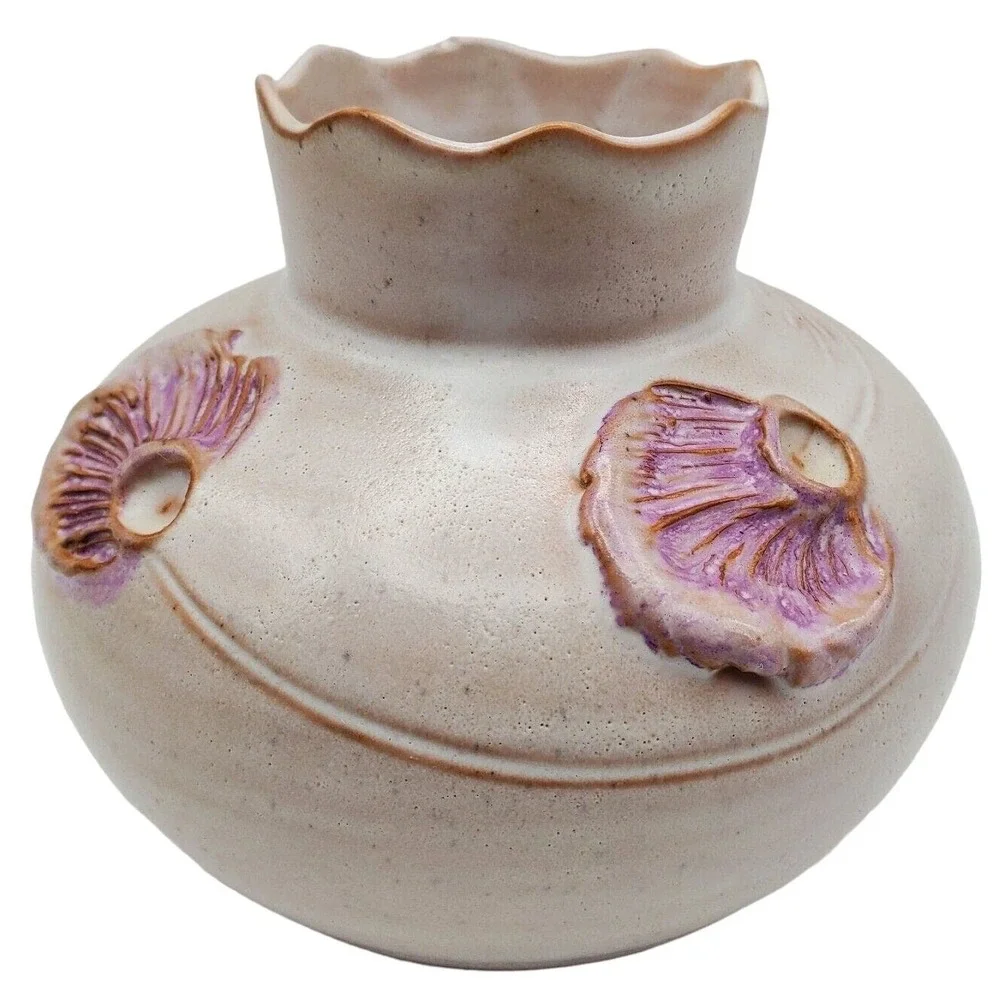 Pink Squat Pottery Vase Ceramic Raised Floral Relief Scalloped Rim Signed Retro